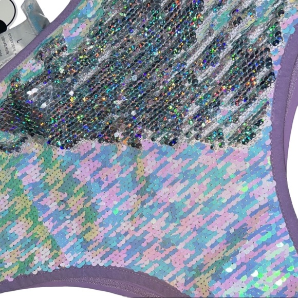 NWT iHeartRaves Purple Flip Sequin Pretty Pixie Triangle Top & Bottoms Rave Set - Picture 8 of 15